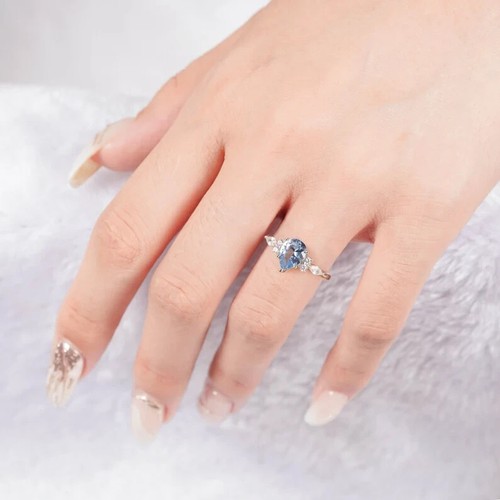 2 Ct Pear Cut Aquamarine Lab-Created Wedding Promise Ring 14K White Gold Plated - Picture 2 of 8