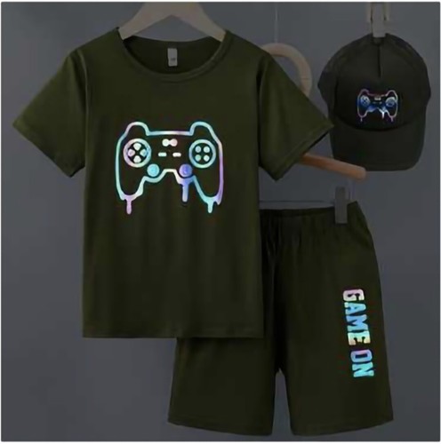 Khaki 3pc Luminous Gaming T-shirt Shorts & Hat Set Age 7-8yrs
