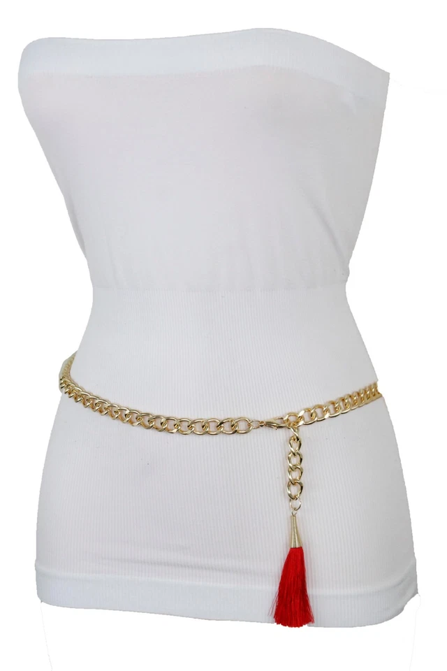 Mujeres Ajustado Bling Cinturón Oro Metal Cadena Eslabón Rojo Flecos Borla Hebilla M L XL Foto 2 de 4