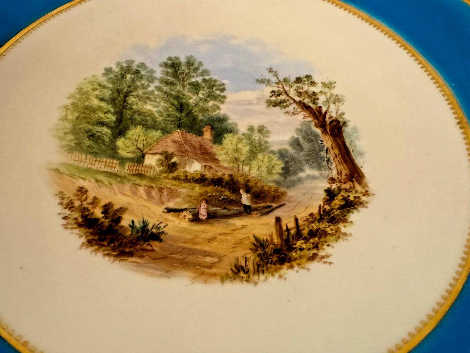 Antique Minton Porcelain Compote Blue Gold & Painted Landscape Scenes Decoration