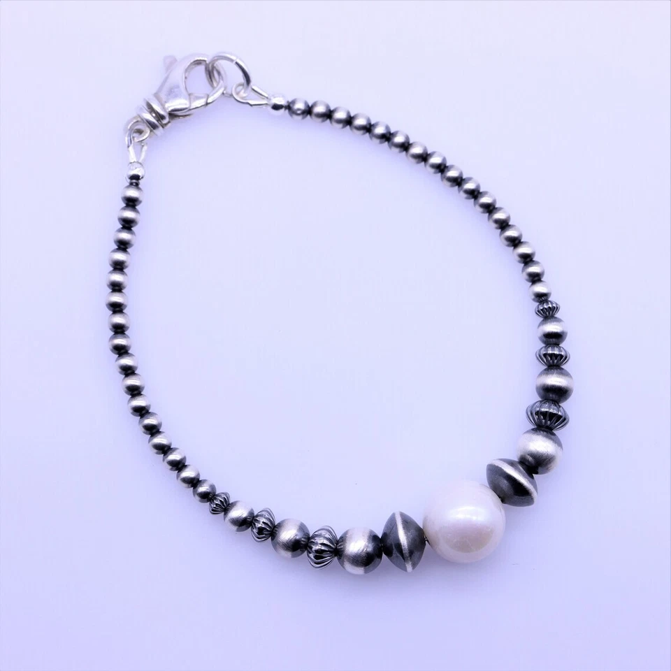 Brazalete Natural 10mm Perla Redonda y Plata de Ley Perla Navajo Desierto Cuentas Foto 2 de 4