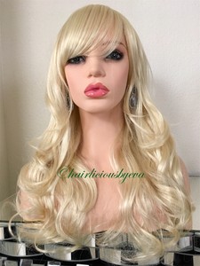 Blonde Wig With Bangs 20 Inch Long Lace Front Wavy Layered Heat