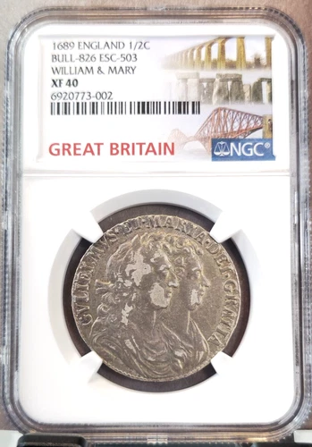 1689 ENGLAND SILVER 1/2 CROWN WILLIAM & MARY NGC XF 40 EXTREMELY RARE