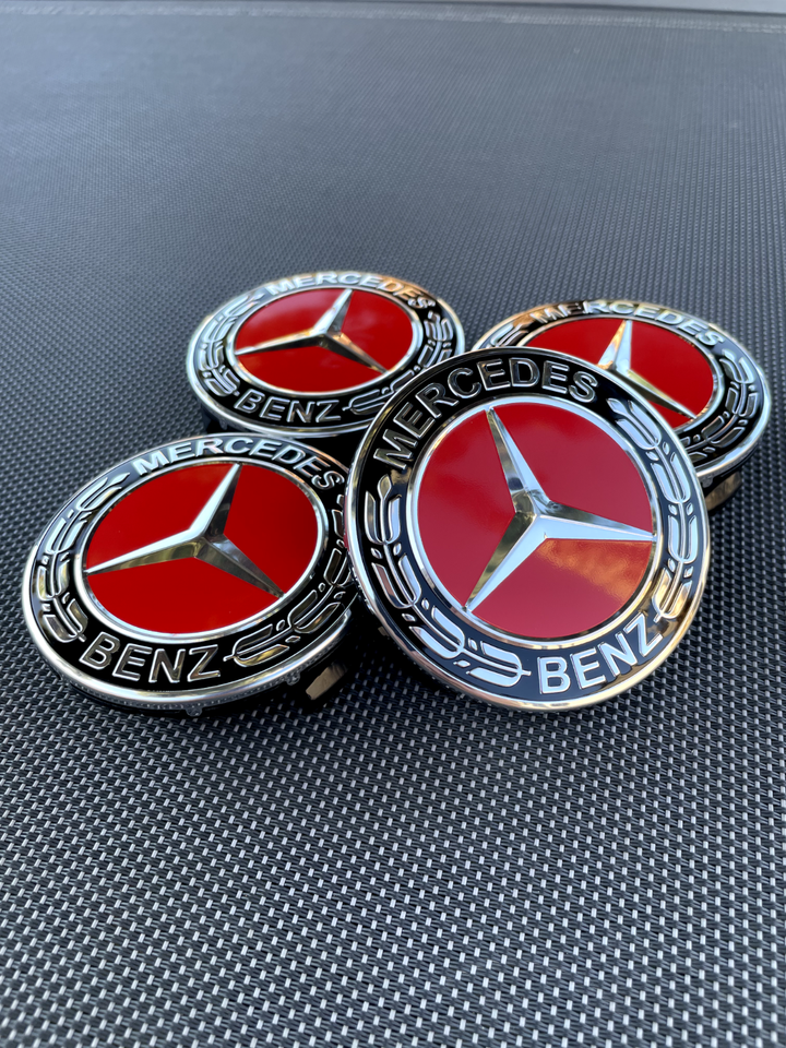 MERCEDES BENZ SET OF 4 BLACK-RED 75 mm/2.95in Wheel Center Caps Fits ...