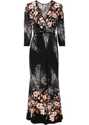 Neu Langes Kleid mit Bindegürtel Gr. 36/38 Schwarz Weiß Geblümt Freizeit-Dress