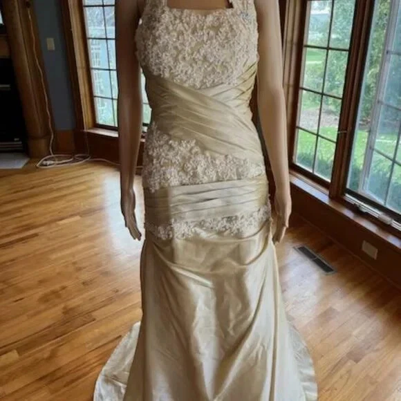 *Cuentas Encaje Dorado Tafetán Halter Imperio Corsé Vestido de Novia Vestido de Novia Talla 4 6 Foto 4 de 4