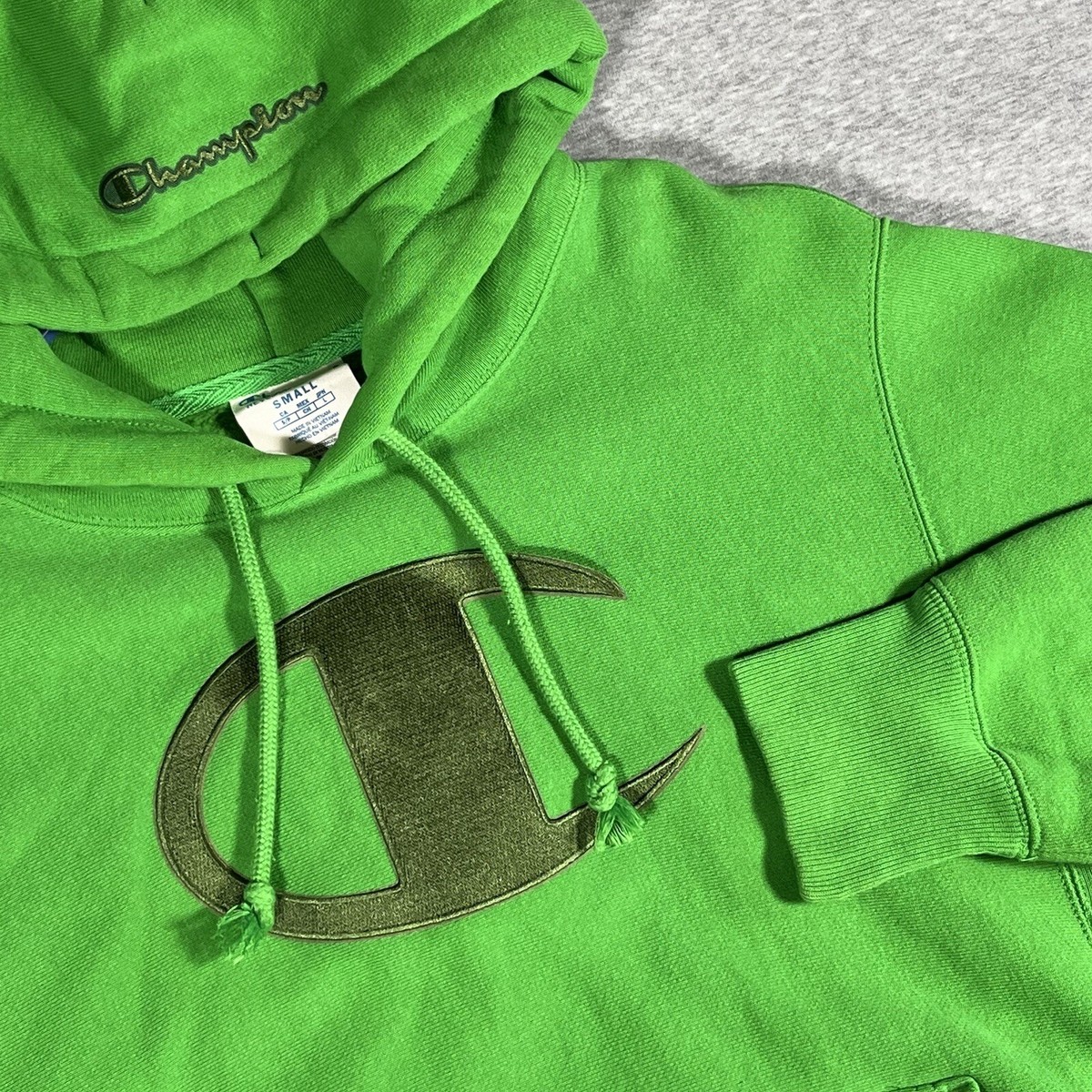 Champion Reverse Weave Long Sleeve Hoodie Mens Small Pullover Lime Green  Big C - Main Image