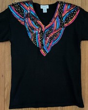 Vintage 1980s Black Eminent Sequins V-Neck Sweater w/Shoulder Pads Women M