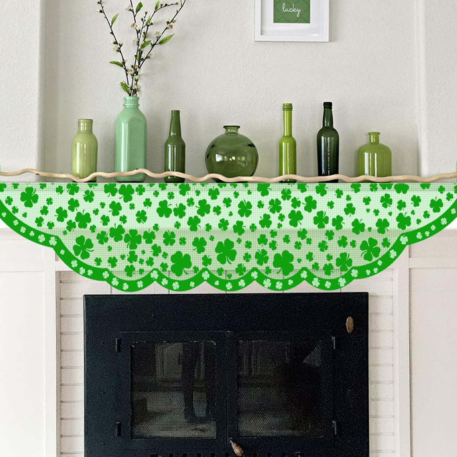 Green Shamrock Mantle Scarf for Fireplace - St Patricks Day Fireplace Cover Deco