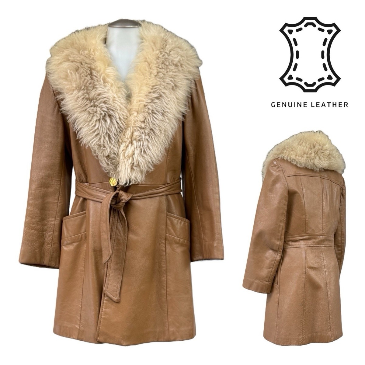Vintage 60s Womens 10 S Leather Trench Coat Fur Collar Penny Lane