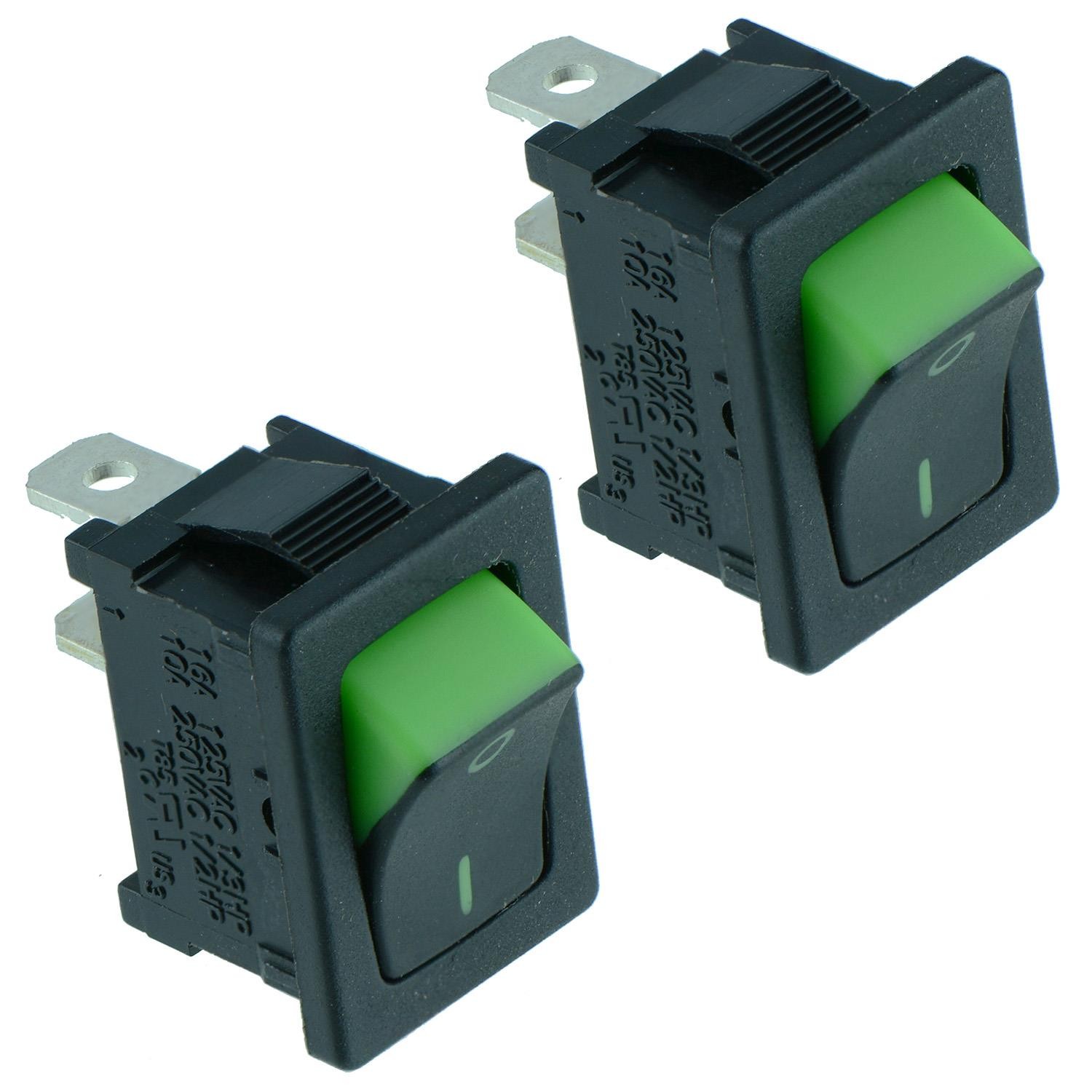2 x Green Rectangle 'Visi On' Rocker Switch SPST R13-66A5-02