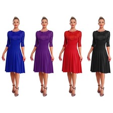 Womens Dress Swing Dancewear Class Costume Asymmetric Sheer Rhinestone Lace