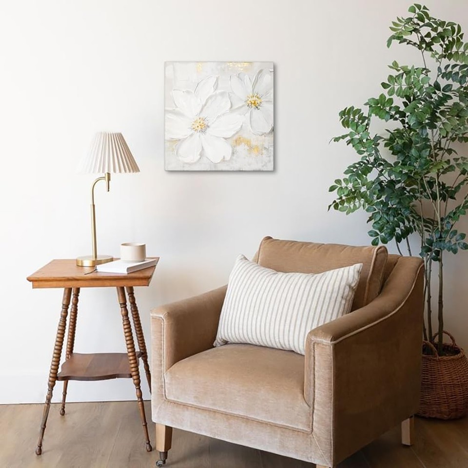 Wandbild Magnolia-Blüten | Handgemaltes Ölgemälde Auf Leinwand | Gold-Weiß Florale Deko Für Wohnzimmer & Schlafzimmer | 32,5 X 42,4 Cm