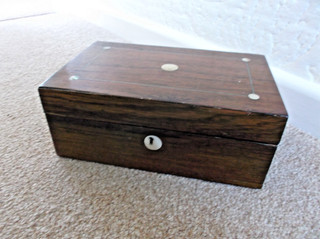 Vintage Veneered Mother Of Pearl Inlaid Wooden Box with padded interior