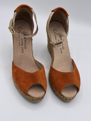 Gaimo Spain Womens Suede Espadrille Wedge Sandals Orange Peep Toe Size 37 US 6.5