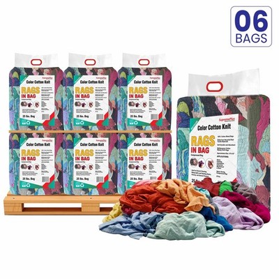 Colored Recycled T-Shirt Rags 6 x 25 lbs. Bags - Cleaning Wipers Bulk
