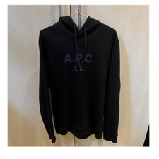 A.P.C. Men's XL Black Cotton Hoodie Pullover Graphic Print Logo Long Sleeve