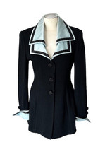 ST JOHN VINTAGE BLACK JACKET/BLUE SATIN COLLAR REMOVABLE CUFFS SANTANA KNIT 8