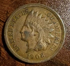 Indian Head Small Cent Bronze Coin 1908 Philadelphia Circulated Brown XF