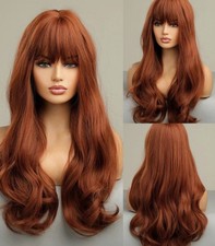 Copper Red Long Wavy Natural Heat Resistant Hair Soft Cosplay Wigs With Bangs