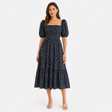 Abercrombie & Fitch Womens Emerson Midi Dress Navy Polka Dot Puff Sleeve S