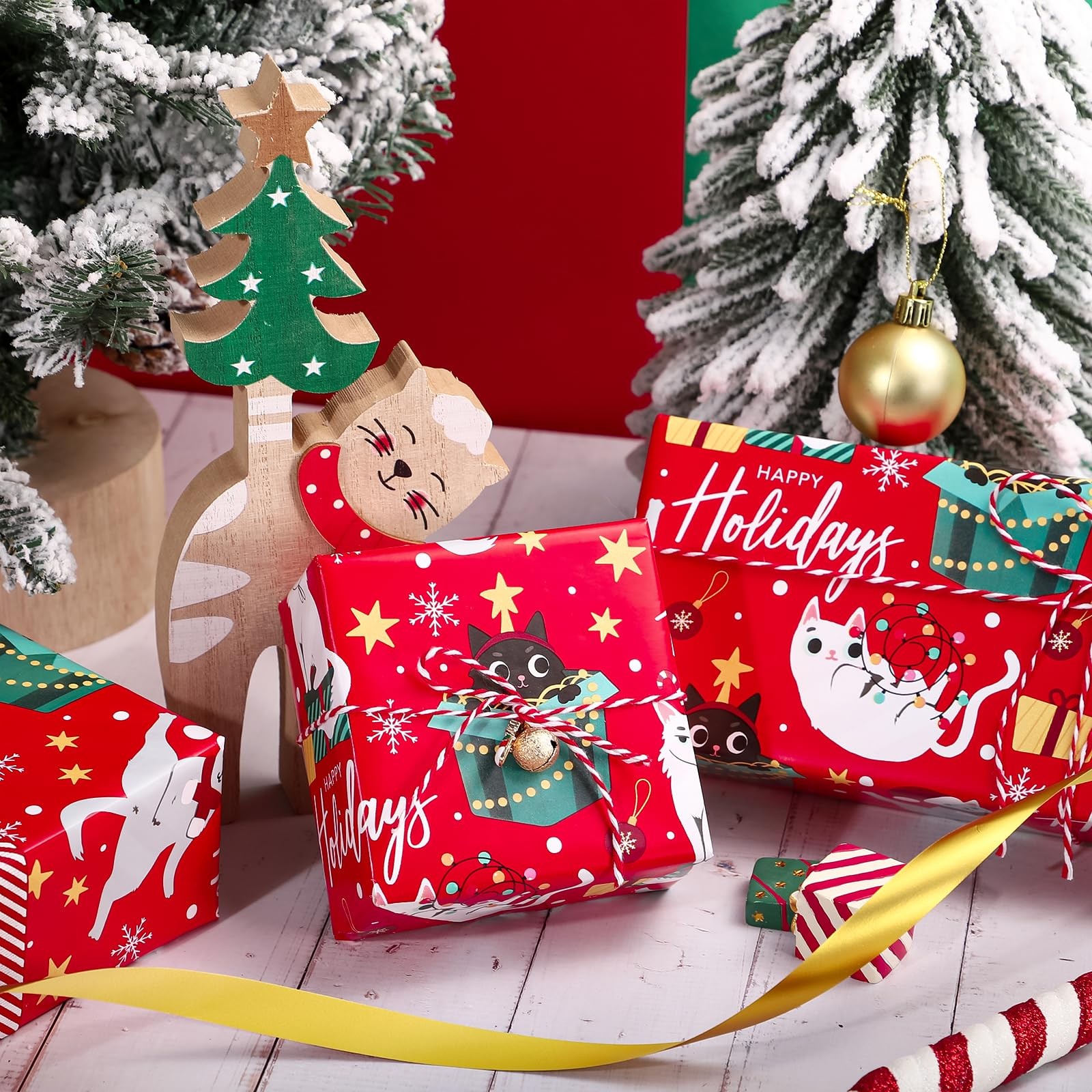 Reversible Cat Christmas Wrapping Paper - Mini Roll - 17 Inch x 33 Feet - Red...