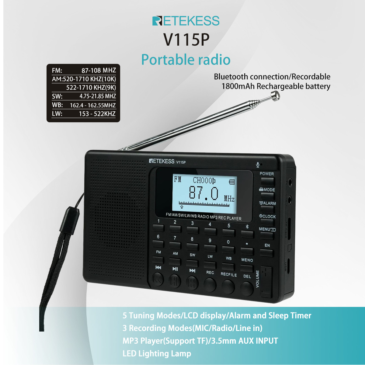 V115P Portable Radio,AM FM SW WB Radio,Digital Stereo Blueto