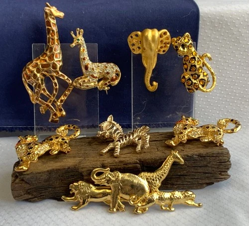 Vtg Brooch Lot Safari Animals Enamel Rhinestone Scatter Pins Costume Jewelry