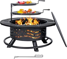 36 Inch Fire Pit with 2 Cooking Grates, Outdoor Wood Burning BBQ Grill Firepit B