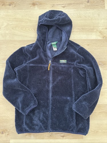 LL Bean Sherpa Fleece Jacket Boys XL 18 Full Zip Hooded Long Sleeve Navy Blue