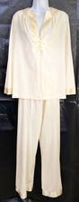 VINTAGE PALE YELLOW SOFT NYLON WIDE LEG PAJAMA SET MEDIUM SATIN TRIM NO TAG 