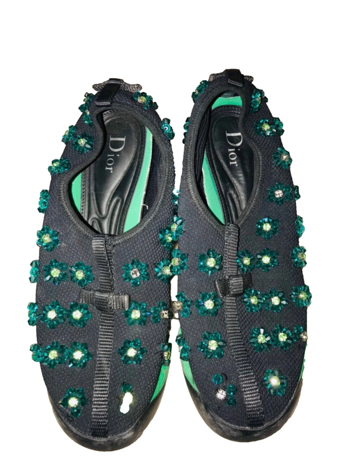 Baskets à paillettes florales en maille fusion verte Christian Dior taille 36