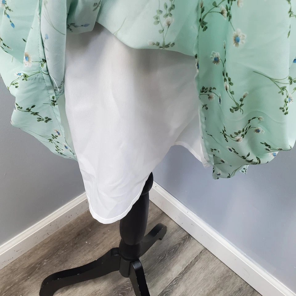 Vestido Allegra K Fit & Flare para mujer S verde azulado floral forrado con cordones cuello en V cremallera trasera Foto 4 de 4