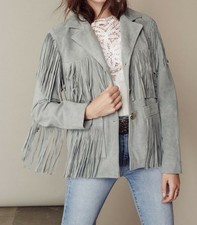 Womens Suede Leather Grey Fringe Native American Western Style Cow-lady Jacket