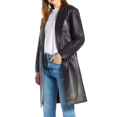 NEW Something Navy 100% leather double breast Coat in Black-Size S  #C63