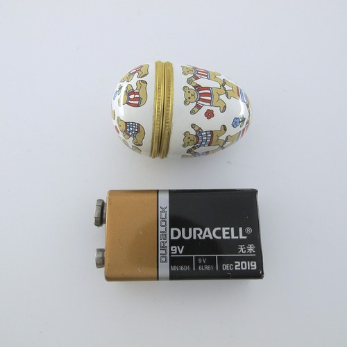 HALCYON DAYS Enameled Trinket Threaded Pill Box Egg Shape Teddy Bears in Tshirts - Picture 2 of 10