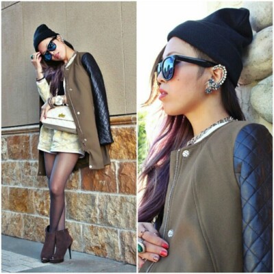 H&M Green Olive Khaki Faux Leather Quilted Sleeves Coat Celebs