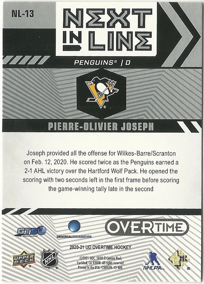 2020-21 UD Overtime Pierre-Olivier Joseph Next In Line Blue Penguins #NL13 - Image 2 of 2