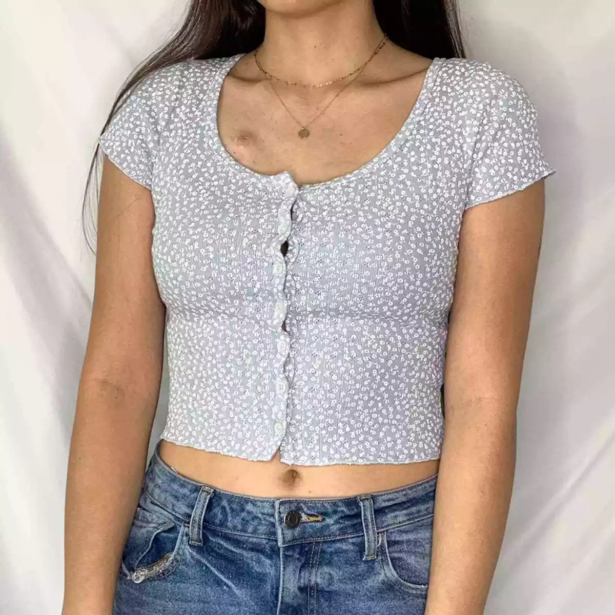 Brandy Melville Light Blue Floral Eyelet Button Up Fitted Crop Top