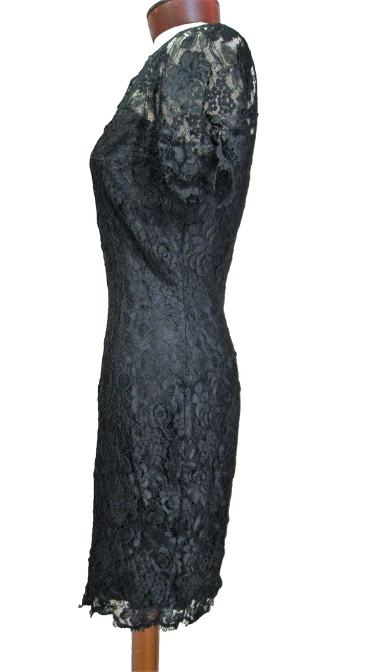 Christian Dior Size 6 Vintage Floral Lace Pencil Little Black Silk Shift Dress - Image 4 of 4