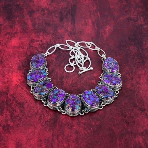 Purple Copper Turquoise Gemstone Handmade 925 Sterling Silver Jewelry Necklace - Picture 4 of 6