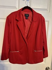 Dm Donna Moore Red Jacket Blazer Size Xl Zip Detail Pockets X Detail Back Euc