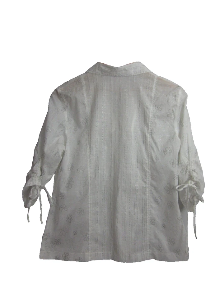 Millenium 女式 M 白色银色花卉荷叶边棉质衬衫水钻 — 第 3/4 张图片
