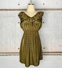 HELLO MISS Brown Turquoise SATIN Ruffle TUNIC Dress Top Sleeveless Size Small