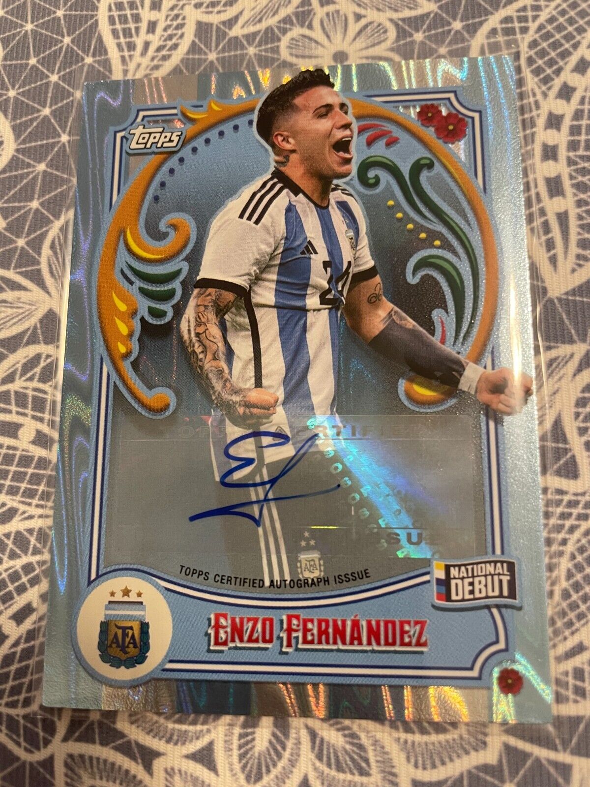 2023 Topps Fileteado Argentina Enzo Fernandez Tango Sky Blue & White Auto  #04/99