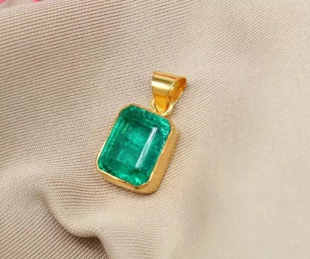 Natural Emerald Pendant 24 Ct Gift Silver Jewelry Gold Plated Birthstone Pendant