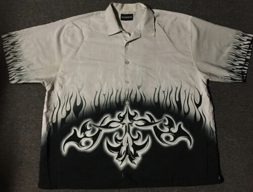 Vintage Flames AOP Button Up Shirt XXXL Grunge Biker Punk Skate Surf Fire lata 90. Y2K - Zdjęcie 1 z 14