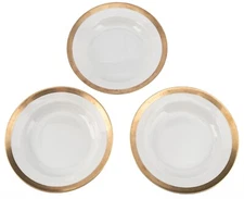Three Pottery Barn Cosmopolitan 8.5in Gold Band Deep Plate / Shallow Bowls Used