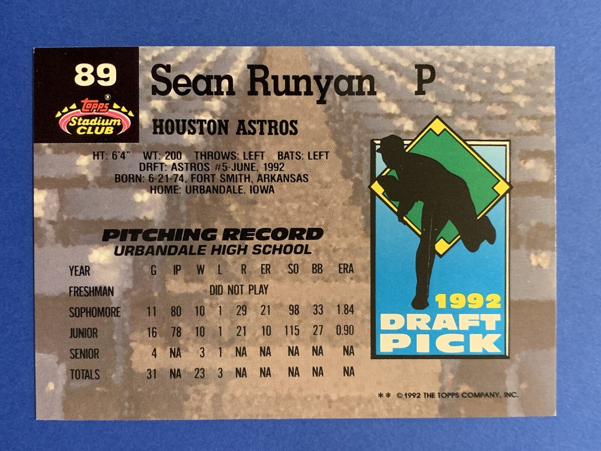 ルカ スシッチ スチッチ Topps Stadium Club  直筆サイン SEAN RUNYAN Signed 1992 Topps Stadium Club #89 ASTROS - TIGERS