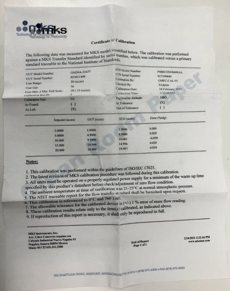 MKS GM50A-31677 Mass Flow Controller AR gas 20 sccm - Image 4 of 4